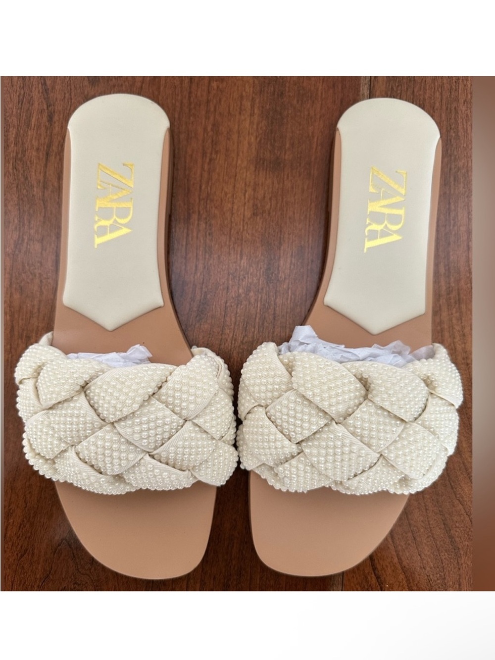 ZARA PEARL DETAIL WOVEN SLIDE SANDAL; Size 7.5; GUC